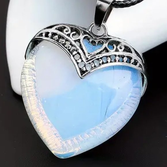 Jewelry - Opal Heart Pendant Necklace Glass Crystal Stone Pendant